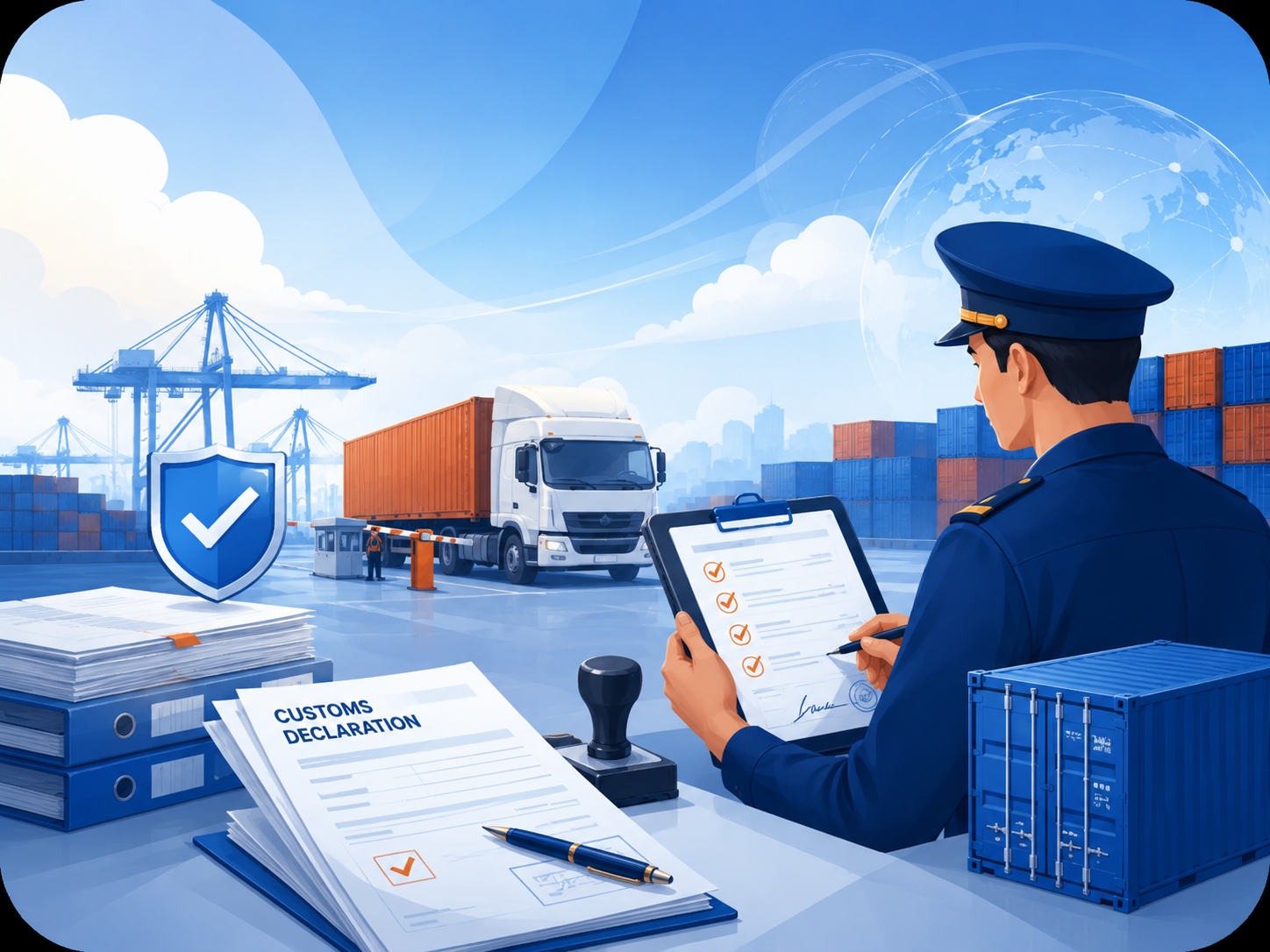 Customs clearance, customs documents, and container inspection illustration