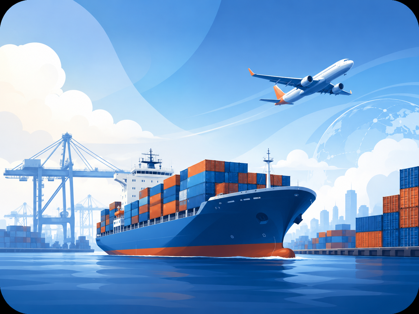 Freight forwarding, container ship, port, and air freight illustration